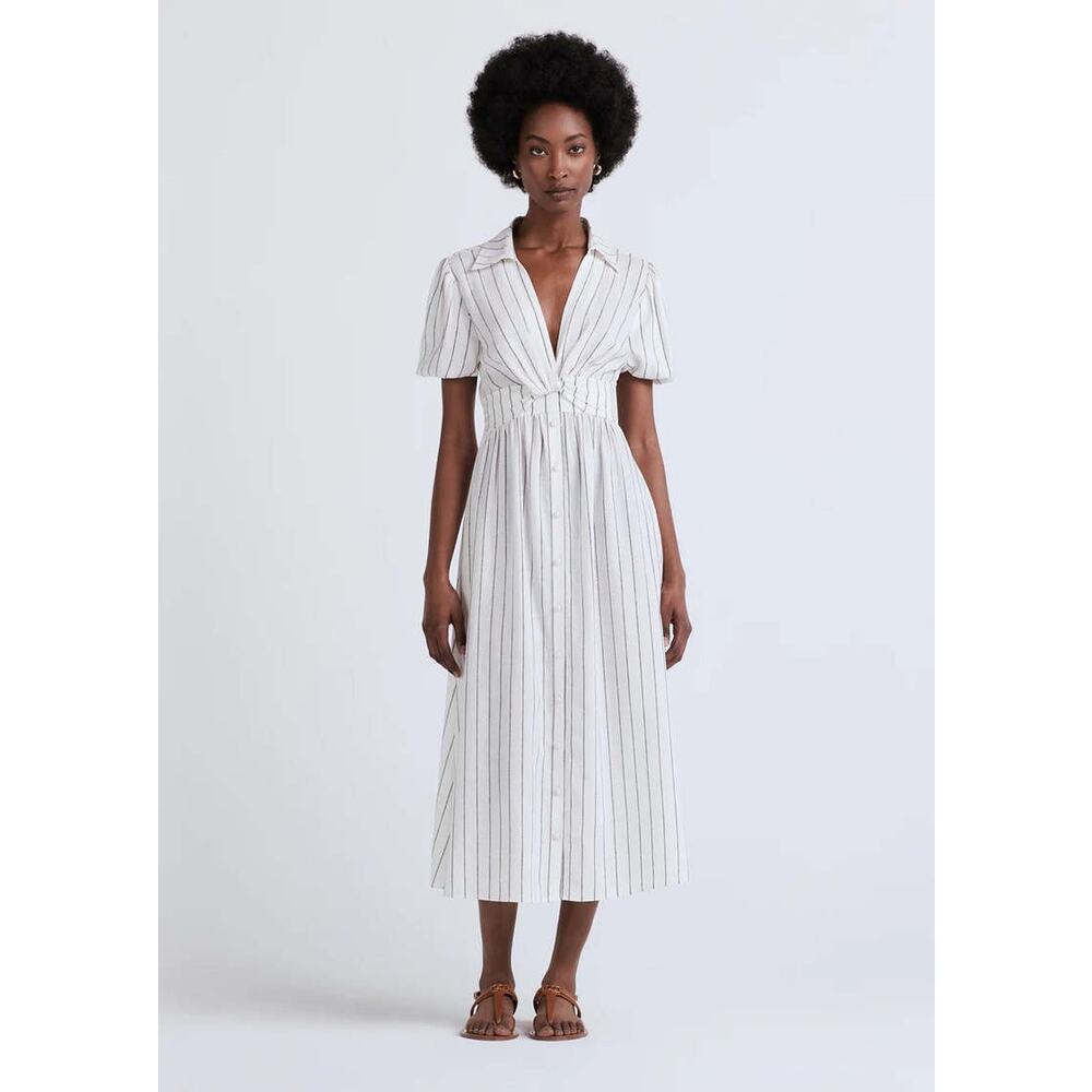 DEREK LAM COLLECTIVE Maya Twist Front Striped White Navy Midi Dress Size 46